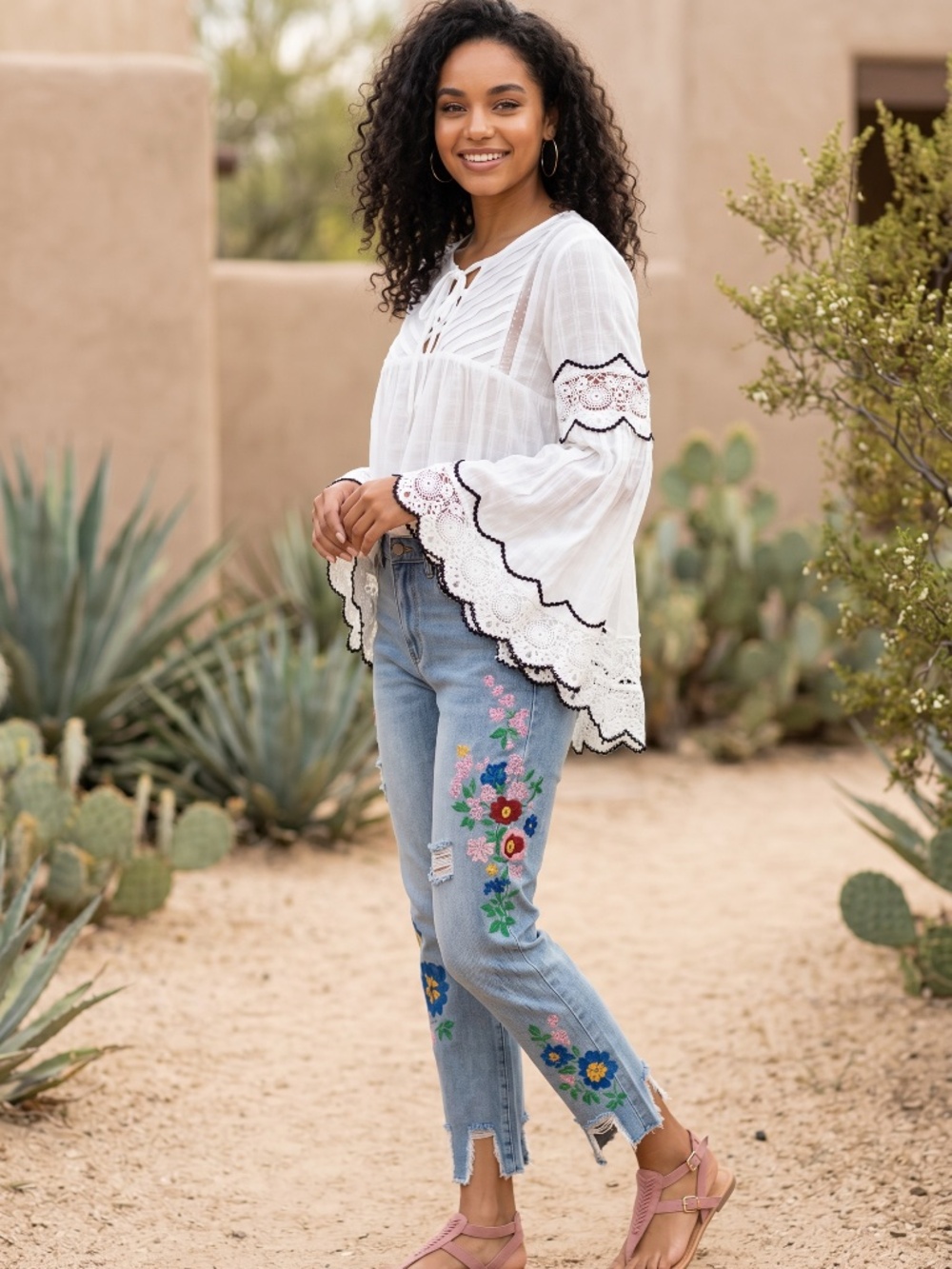 POL Floral Embroidered Boyfriend Jeans | Distressed Y2K Straight Leg Light Wash - Picture 7 of 7
